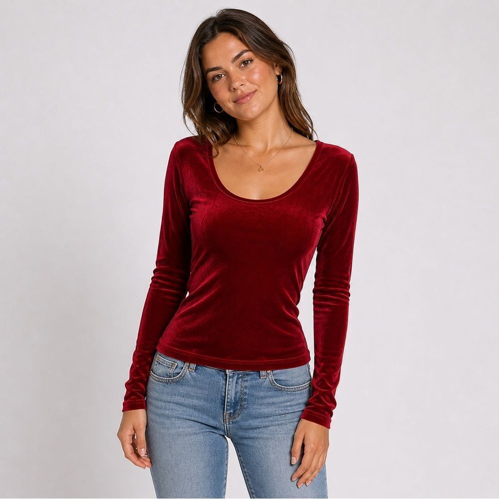Pretty Girl New York Velvet Scoop Neck Long-Sleeve Bliuse Wine Red size S